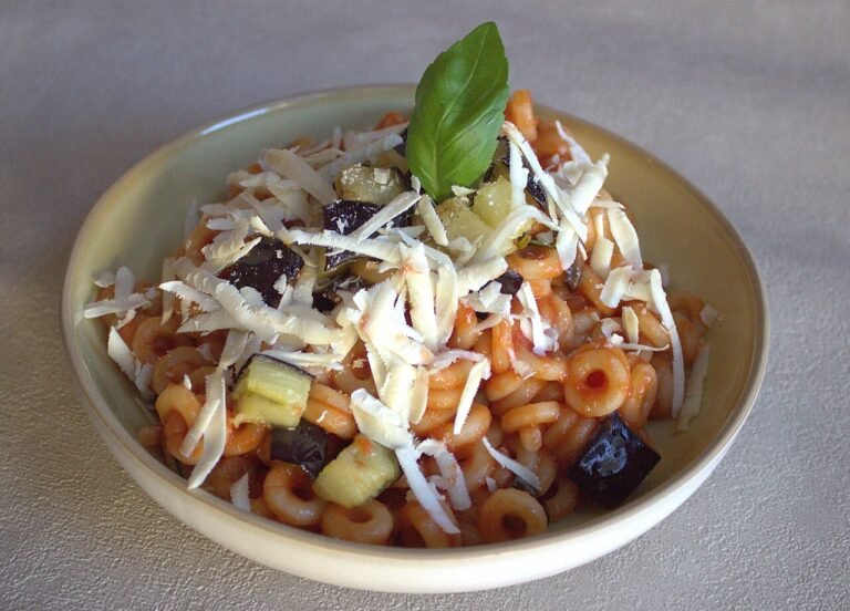 Un plato de pasta anular con salsa de tomate, cubos de berenjena, queso rallado y una hoja de albahaca.